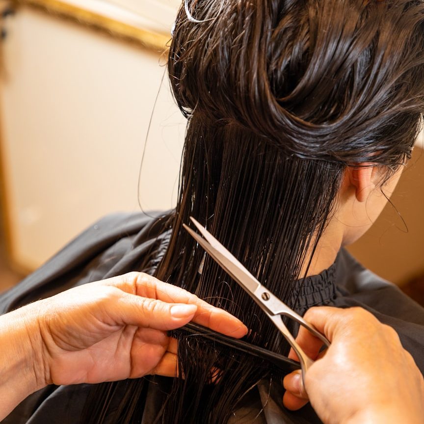 Haare werden sorgfältig mit Schere und Kamm geschnitten